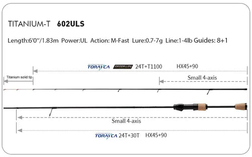 Lure fishing rod Titanium-T 602ULS with black shaft, small 4-axis design, cork handle