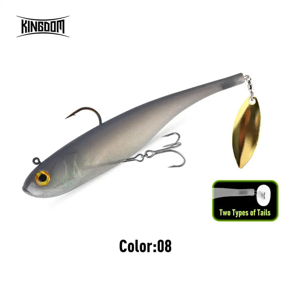 Soft swimbait lure color 08, grey body with spinner blade and treble hooks