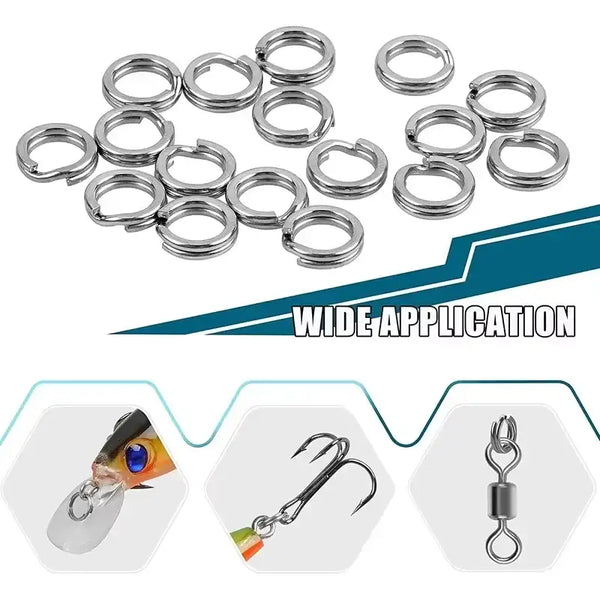 Silver metal fishing split rings, assorted sizes, in a loose pile