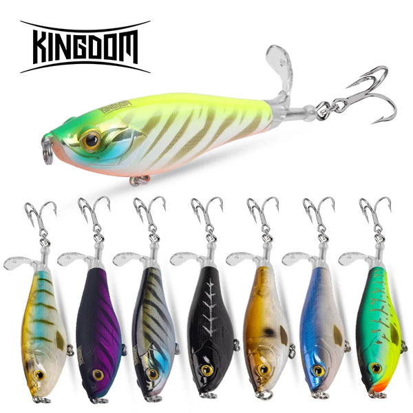 Mixed-color floating topwater propeller fishing lures, each with treble hooks