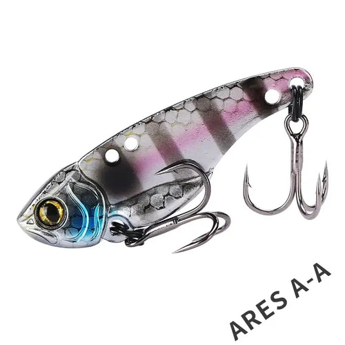 Silver and pink striped Tsurinoya Ares-A metal vib lure with blue head accents and three treble hooks for fishing