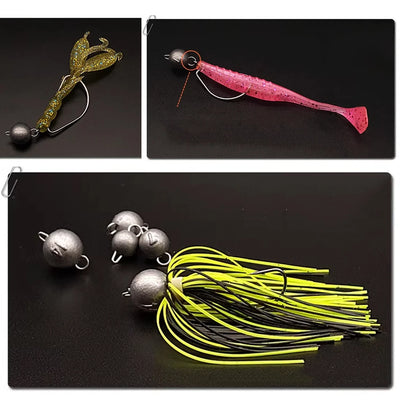 Ball sinker hook clips paired with soft plastic lures in gold, pink, and yellow colors