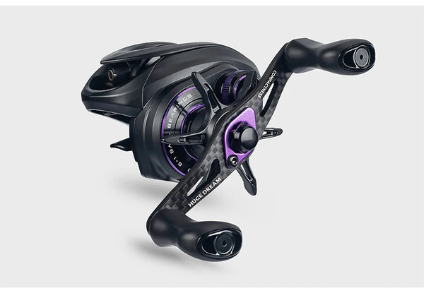 Black baitcasting reel with purple spool accents and double handle grips