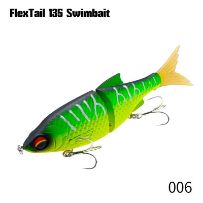Jointed pencil swimbait in bright green with yellow tail, black back line, treble hooks