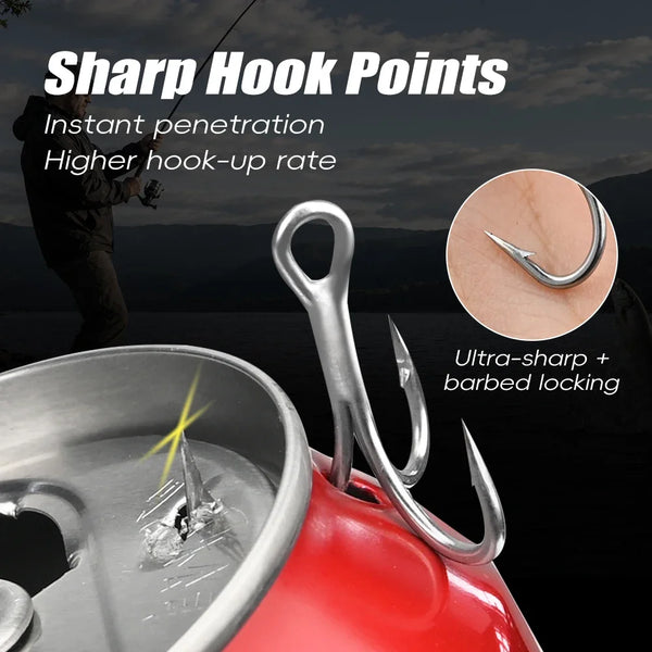 Treble hook tip with ultra-sharp barb locking, metal fishing hook with three prongs