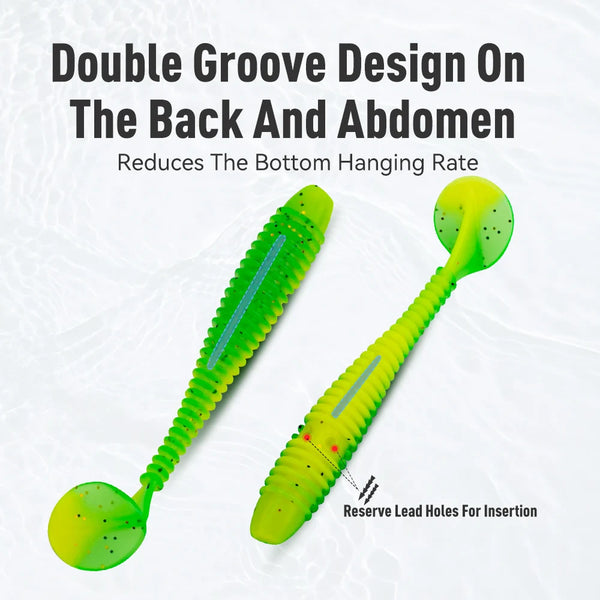 Two neon green T-tail soft plastic fishing lures with ribbed bodies and forked fins