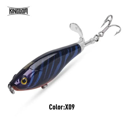 Topwater propeller pencil fishing lure, dark blue with navy stripes and treble hooks