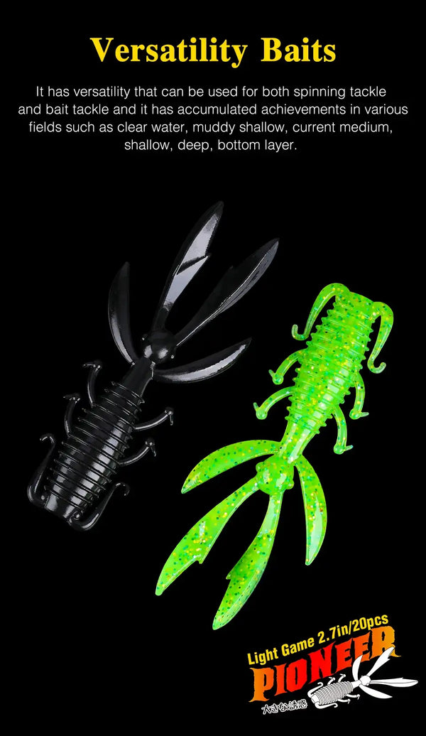 Black and neon green soft shrimp worm lures with paddle tail fins