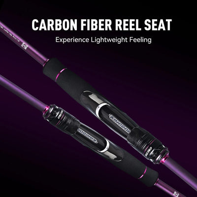 Carbon fiber reel seat on a purple squid jigging rod with black EVA grip