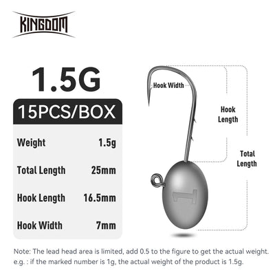 1.5g lead head jig hook illustration with hook width and length diagram, 15pcs/box