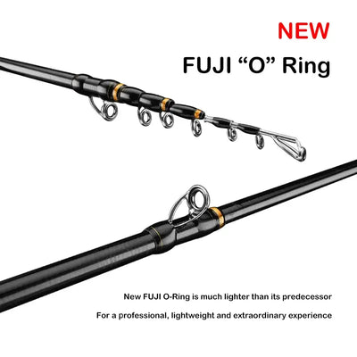 Telescopic fishing rod with Fuji O-ring guides, black rod blank and orange trim