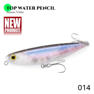 Floating pencil lure, translucent silver with violet tones; gold eye, treble hooks