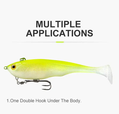 Chartreuse sinking soft T-tail lure with double hook under the body