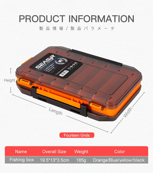 Orange and dark tackle box with clear lid, size labels, and grid count info