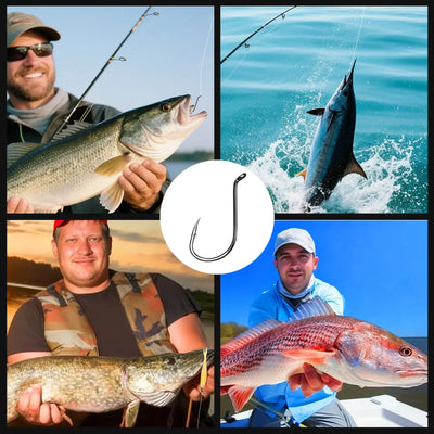 Dark offset fishing hooks shown centered on a promotional collage