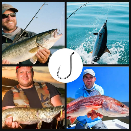 Dark offset fishing hooks shown centered on a promotional collage