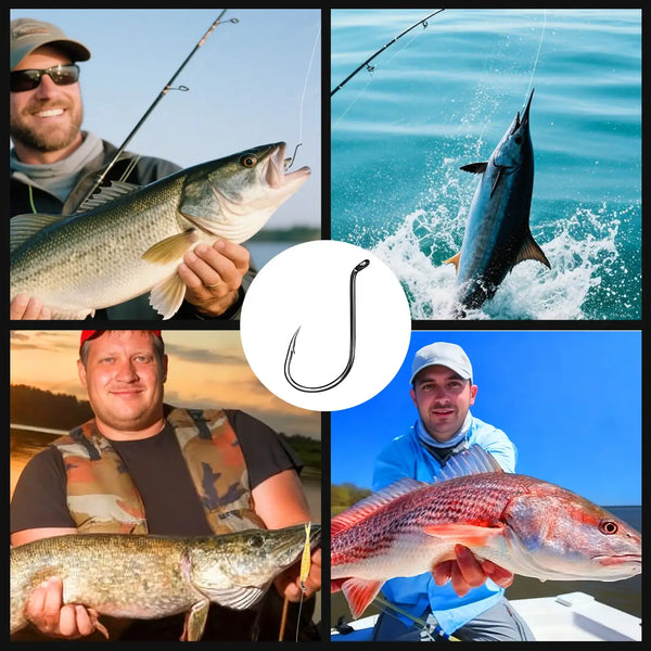 Dark offset fishing hooks shown centered on a promotional collage