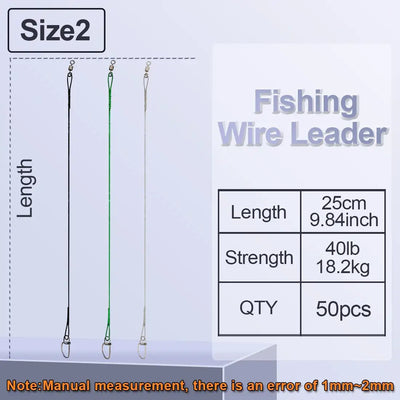Fishing wire leader Size 2: 25cm length, 40lb strength, 50pcs, shown with snap swivels