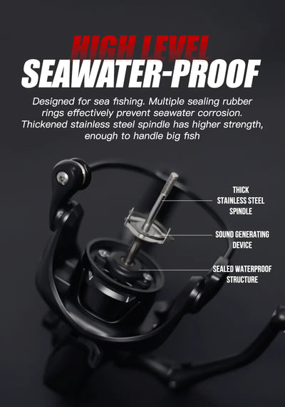 Black spinning reel with side frame and sealed drag housing detail