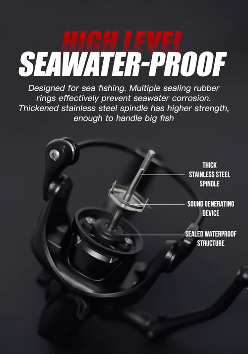 Black spinning reel with side frame and sealed drag housing detail
