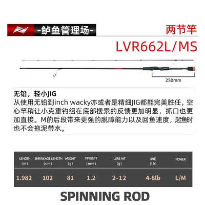 Carbon fiber spinning fishing rod, black blank with reel seat and line guides