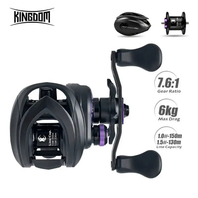 Front view of black baitcasting reel with purple accents, 7.6:1 gear ratio, max 6kg drag