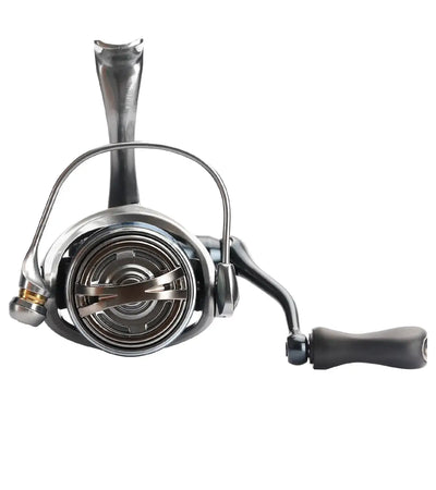 Ultralight spinning reel close-up with metal spool, bail wire, and black handle