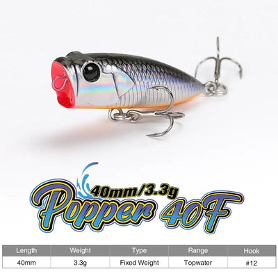 Tsurinoya CATCHER 40F topwater popper lure, black and silver with metal treble hooks