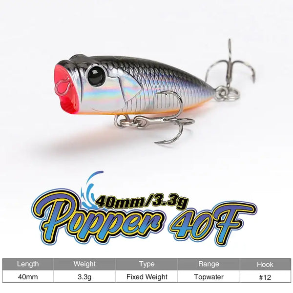 Tsurinoya CATCHER 40F topwater popper lure, black and silver with metal treble hooks