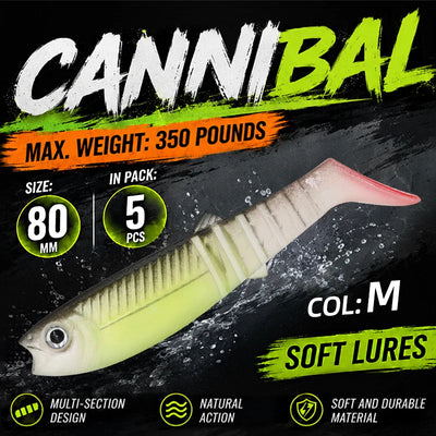 Meredith paddle tail swimbait set, 5-pack, 80mm: greenish-yellow body with pink tail.