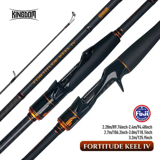 Long casting inshore fishing rod with black graphite blank, guides, and orange trim.