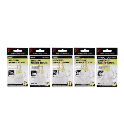 Multiple packs of slow pitch jigging assist rig hooks with neon bead skirts