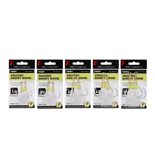 Multiple packs of slow pitch jigging assist rig hooks with neon bead skirts