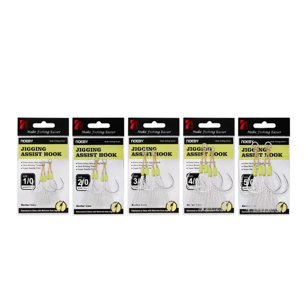 Multiple packs of slow pitch jigging assist rig hooks with neon bead skirts