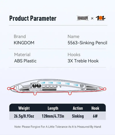 Sinking pencil fishing lure side diagram with 3 treble hooks and numbered action scale