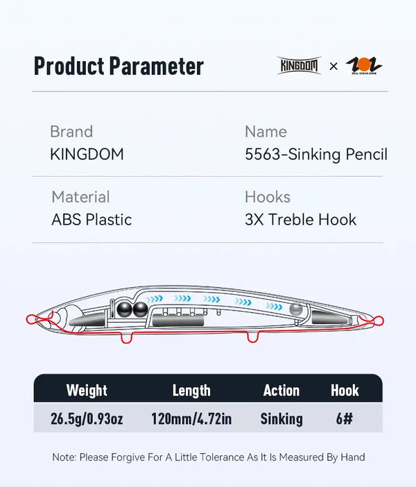 Sinking pencil fishing lure side diagram with 3 treble hooks and numbered action scale