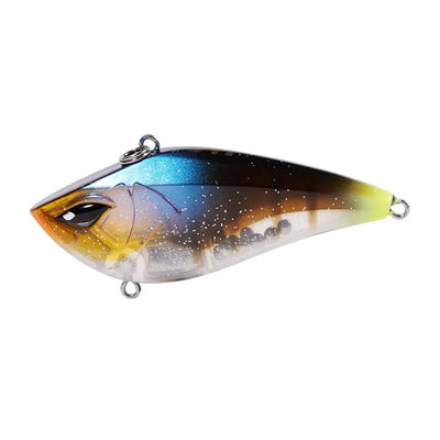Side-profile lipless crankbait lure with blue-speckled body and black and amber eye