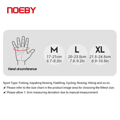 Noeby glove size chart with hand outline and M–XL measurements