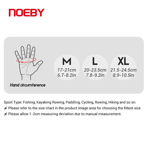 Noeby glove size chart with hand outline and M–XL measurements