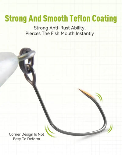 Artificial fishing lure treble hook with wire shank, Teflon-coated style