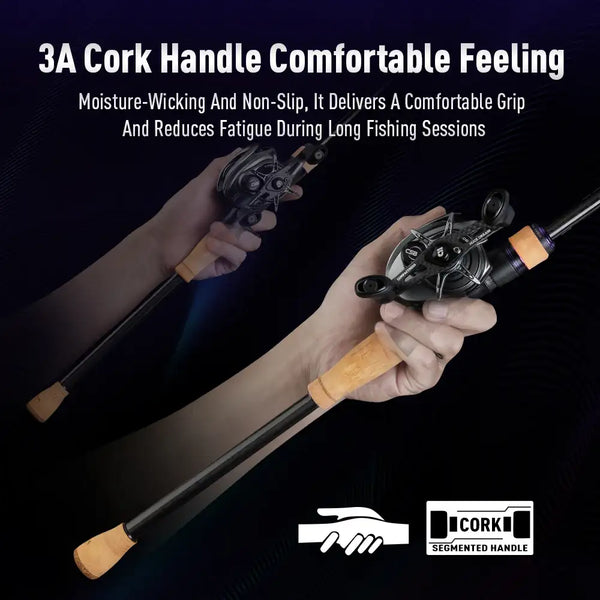 Fishing rod cork handle and reel seat with hands holding the spinning rod