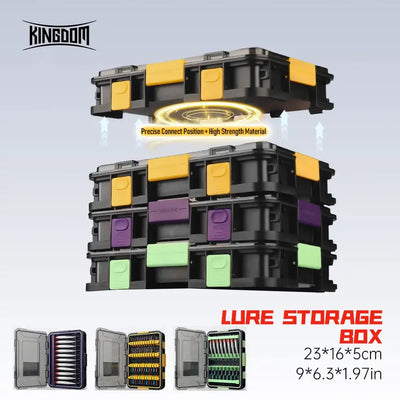 Multi-lure storage box with black body, yellow latches, and colored divider panels