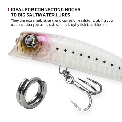 Stainless steel split ring attached to a saltwater fishing lure with hook