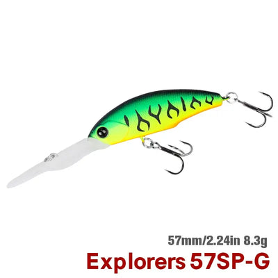 Hard body suspending minnow lure in neon green-yellow with fire pattern and treble hooks