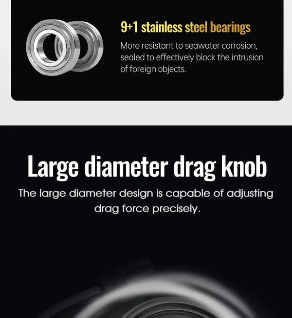 Large diameter drag knob and bearing area on FRERE spinning reel