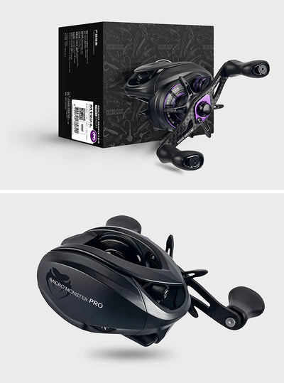 Black baitcasting reel showing carbon fiber rocker arm with purple accents