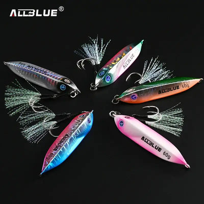 Metal jigging spoons set with colorful finishes, silver feather tails, and treble hooks.