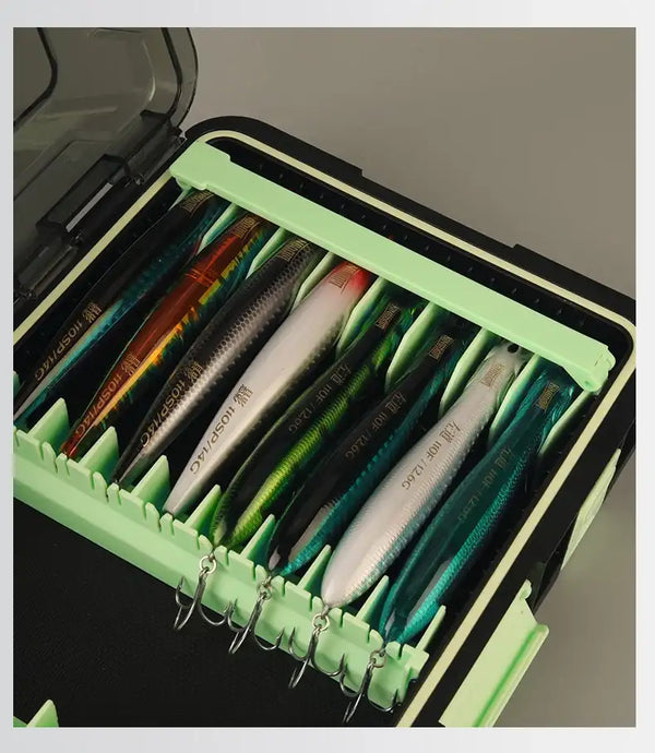 Green lure storage box insert with clear lid, holding multiple fishing lures