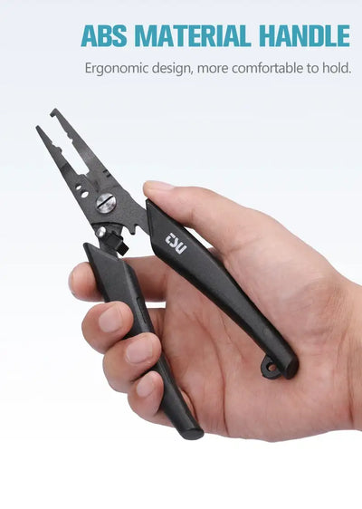Fishing pliers with ergonomic ABS handle, shown in a hand for comfortable grip