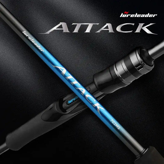 Spinning fishing rod with blue carbon blank and black handle, two-piece reel seat